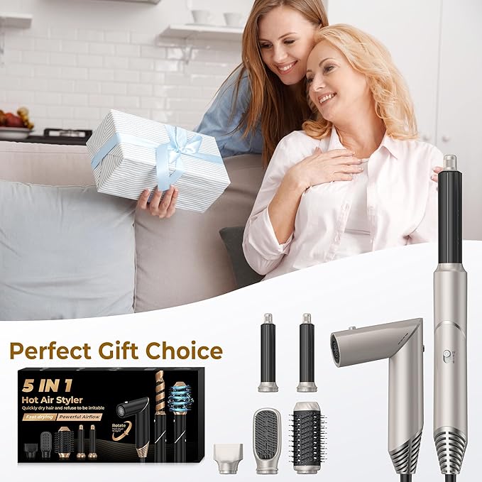 Hair Dryer Brush 5 in 1, Blow Dryer Brush Set with Air Curler Wrap Hair Styler, Negative Ionic Blow Dry Brush, Detachable Hair Tool for Curling, Volumizer,Straightener,Drying