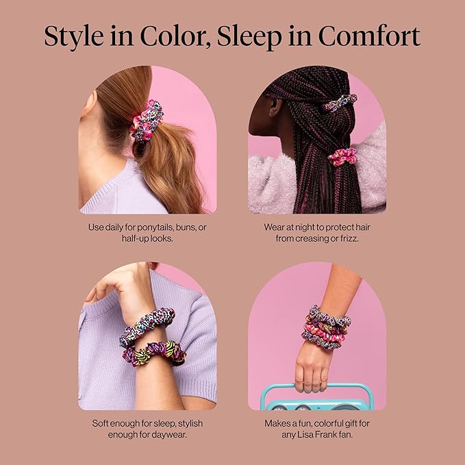Lisa Frank x Kitsch Ruched Satin Scrunchies for Women - Softer Than Silk Scrunchies | Hair Ties No Damage for Frizz-Free Sleep | Ideal Gifts for Women - Rainbow Leopard 4 pcs