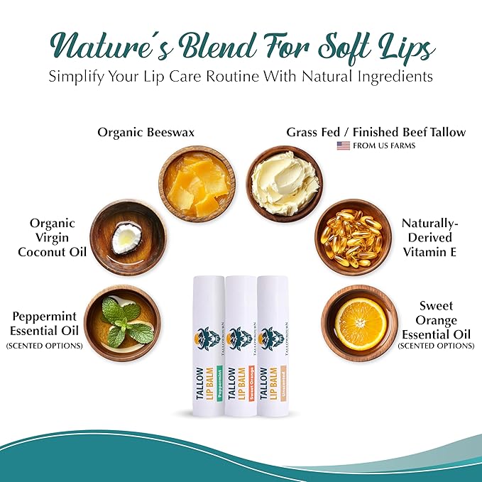 Moisturizing Tallow Lip Balm – Grass-Fed Beef Tallow with Organic Coconut Oil, Beeswax, and Vitamin E – Lip Balm Set – Variety Pack – Travel Essential – 3-Pack