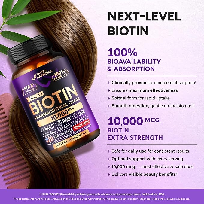 Biotin 10000mcg with Silicon - Pharmaceutical Grade Biotin Supplement for Women - Hair Growth Support, Skin & Nails - Max Strength & 100% Bioavailability - Made in USA - 120 Softgels, 120 Days Supply