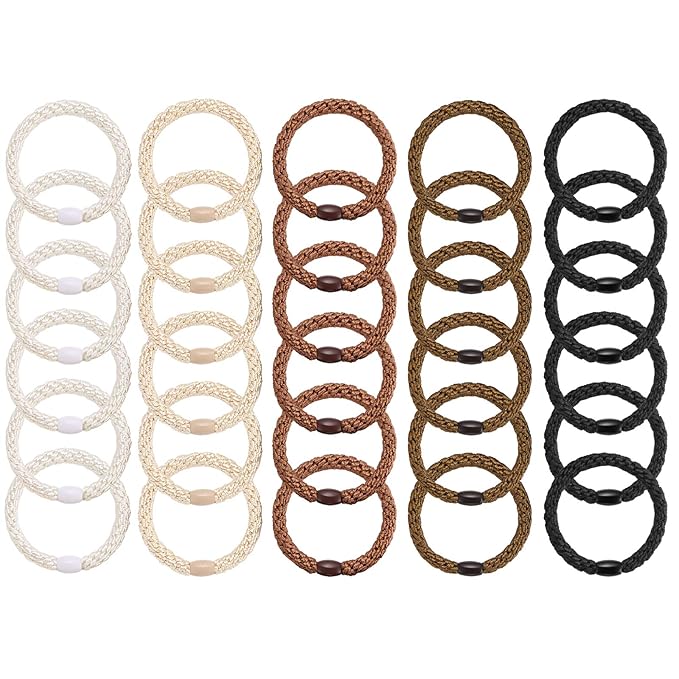 Hair Ties for Women Girls, Funtopia 30 Pcs Elastics Hair Bands Ponytail Holders for Thick Hair, No Damage No Crease Hair Elastics (Black/Brown/White/Beige/Coffee)