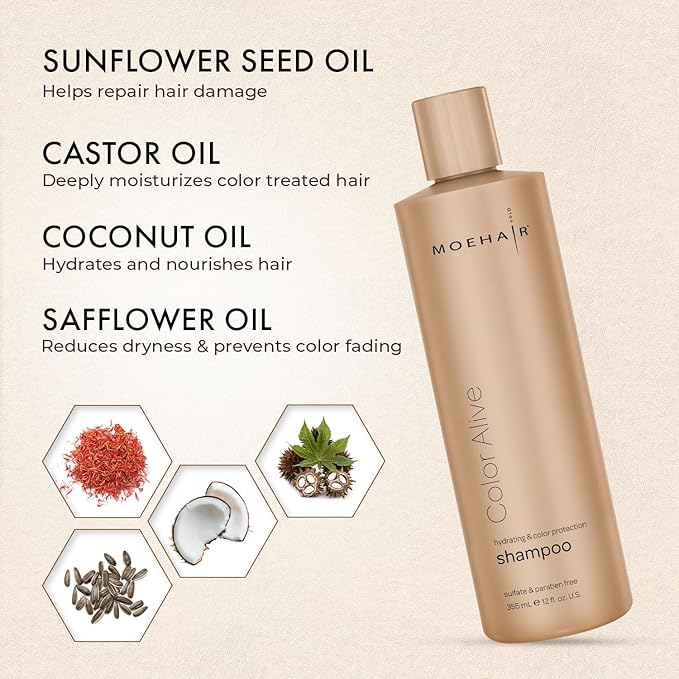 MOEHAIR Color Alive Shampoo | Moisturizing & Hydrating | Shampoo for Color-Treated Hair | Paraben & Sulfate-Free | Rich in Safflower Oil & Castor Oil | Controls Frizz (12 Fl. Oz)