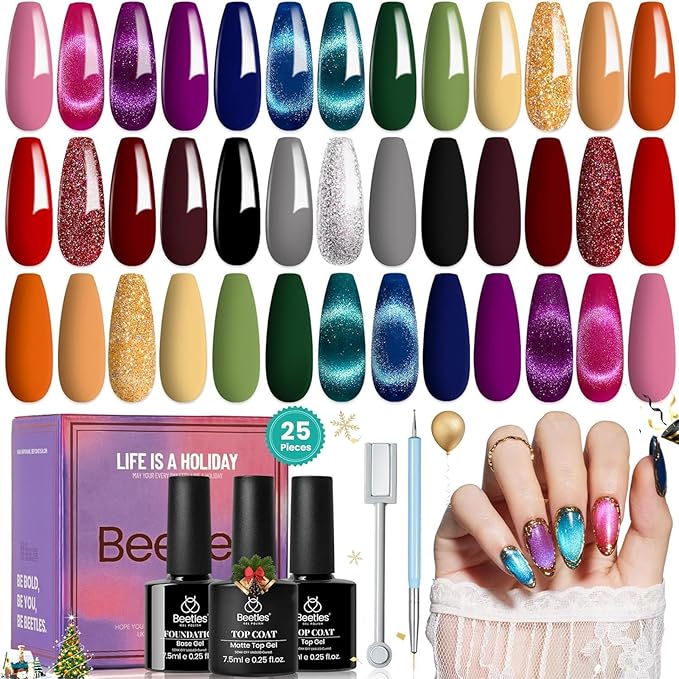 Beetles Winter Gel Nail Polish 20 Winter Colors Cat Eye Gel Polish Set Gift Spree Burgundy Red Purple with Magnet Pen Base Top Coat DIY Salon Manicured Soak Off UV LED Gifts for Women Gemstone Party