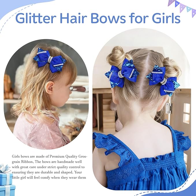 4" Sparkly Glitter Sequin Ribbon Hair Bow Clips,Pearl Wedding Boutique Alligator Barrettes Pins for Teens Toddler,Cheerleader Girls Kids Birthday Party Dress Decor Accessory (Deep Blue)