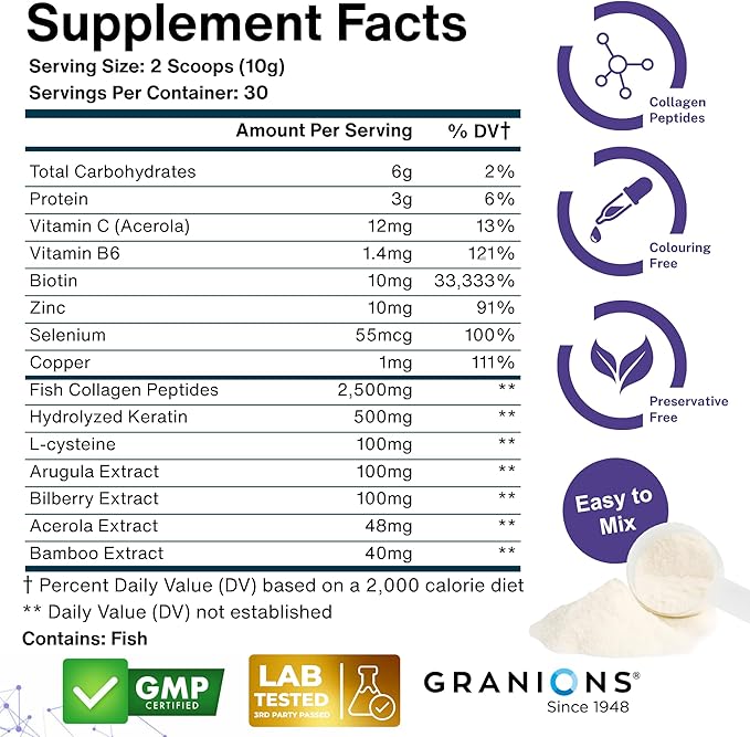 Granions Hair Supplements for Hair Growth Powder - Strength, Thickness, Density, Loss Support for Women and Men - Collagen Peptides, Biotin 10,000, Keratin, Aminos, B Vitamins, Zinc, Selenium - 10.5oz