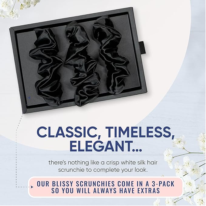 Blissy Silk Scrunchies (3 Pack) - 100% Pure Mulberry Silk - 22 Momme 6A High-Grade Fibers Scrunchie for Straight & Curly Hair - Preventing Breakage, Tangling, & Creasing (Black Regular)