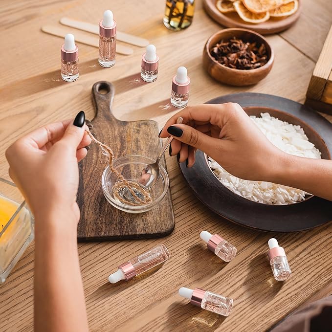 20 Pcs Mini Glass Oil Dropper Bottle Bulk, Clear Essential Small Empty Bottles Sample Containers Perfume Liquid Vials with Cap for Traveling (1ml,2ml,3ml,5ml,Rose Gold)