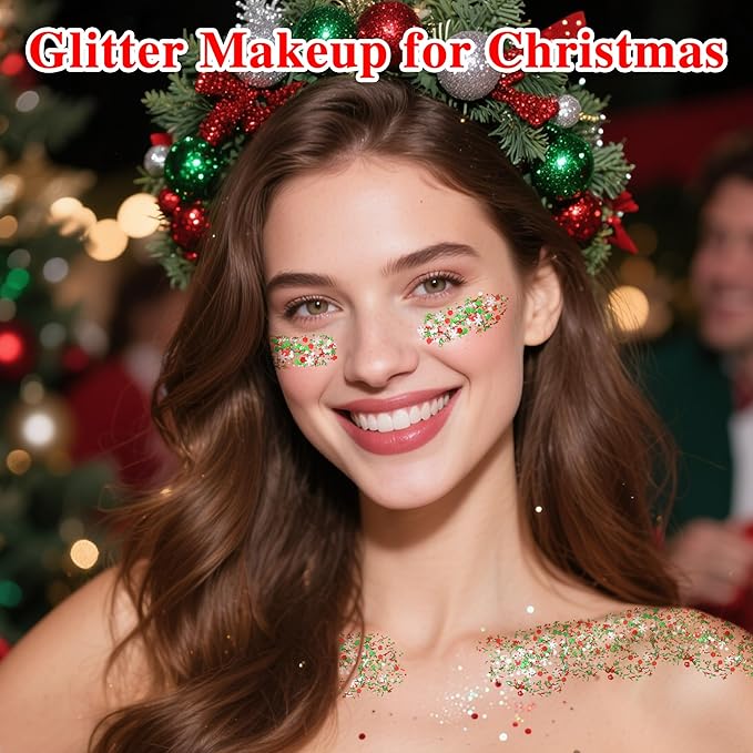 MEICOLY Christmas Face Glitter,Christmas Hair Glitter for Kids and Women,Stocking Stuffers Gifts,Sparkle Chunky Christmas Makeup,Red Silver Green Body Glitter for Party Rave Festival