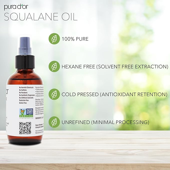 PURA D'OR 3.38 Oz Squalane Oil - Non-GMO 100% Pure & Natural - Moisturizer For Face, Hair And Body - Vegan, Cruelty-Free with Anti-Aging Benefits - Men & Women - Travel Size
