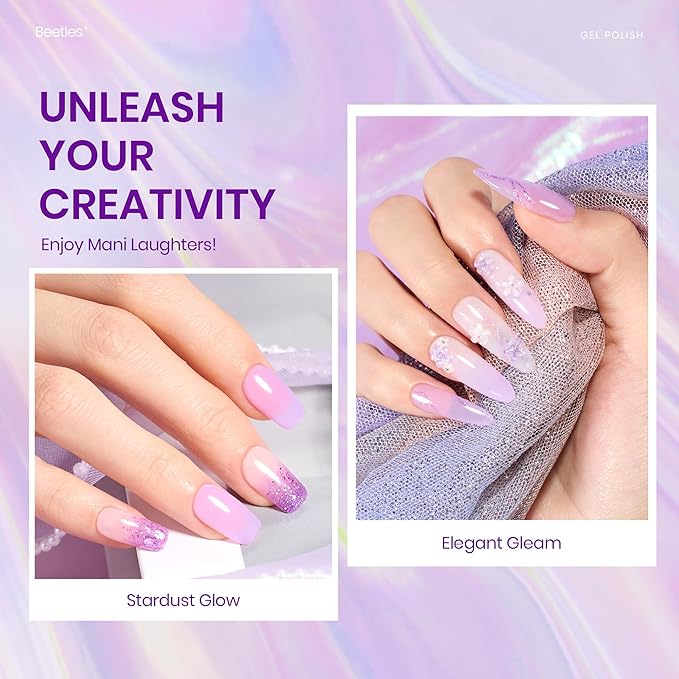 Beetles Purple Gel Polish Set - 6 Color Purple Shimmer Pearl Jelly Gel Polish with Nail Brush Soak Off LED Lamp Swirl Shell Thread Effect DIY Manicure Gifts for Mom