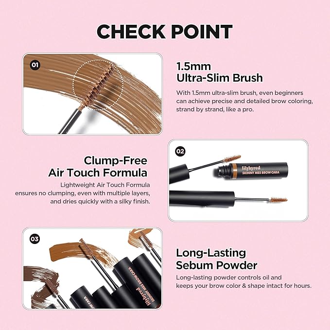 lilybyred Skinny Mes Brow Mascara | Korean 1.5mm Ultra-Slim Brush Eyebrow Mascara, Precision Application, Natural-Looking Finish, Smudge-Proof, Clump-Free, Long-Lasting, 0.12 oz. (05 Taupe Brown)