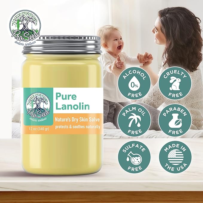 ProSeed Handmade Pure Lanolin Cream – Unrefined Balm for Dry Skin, Lips, Nursing & Baby Care – Gentle Moisturizer for Hands, Face & Pets – Petroleum-Free, 12oz Glass Jar