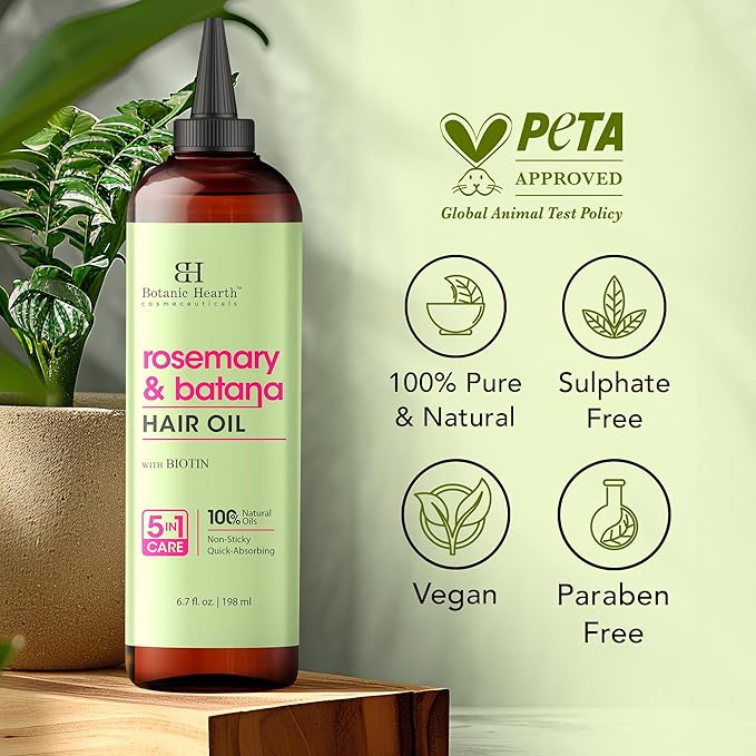 Botanic Hearth Hair Oil for Hair Growth | Strengthening Dry, Frizzy, Damaged Hair & Scalp Treatment | No Parabens or Harmful Sulfates | All Hair Types | Rosemary Batana Hair Oil 6.7 Fl Oz (2 Pack)