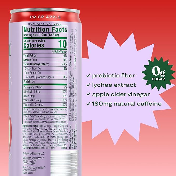 Bloom Nutrition Sparkling Energy Drink - Natural Caffeine, Zero Sugar, 180mg Caffeine - Antioxidant-Rich with Green Coffee Bean, Green Tea Extract, Prebiotics - Crisp Apple - 12oz 12 Pack