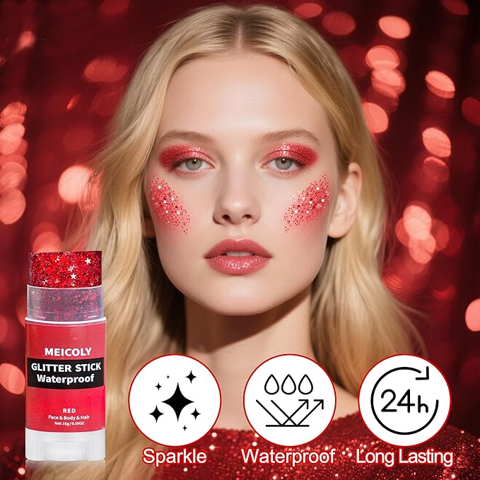 MEICOLY Red Face Body Glitter Stick,Hair Glitter Stick for Women,Sparkle Chunky Glitter Makeup for Halloween Mardi Gras,Waterproof Face Glitter for Party Rave Festival