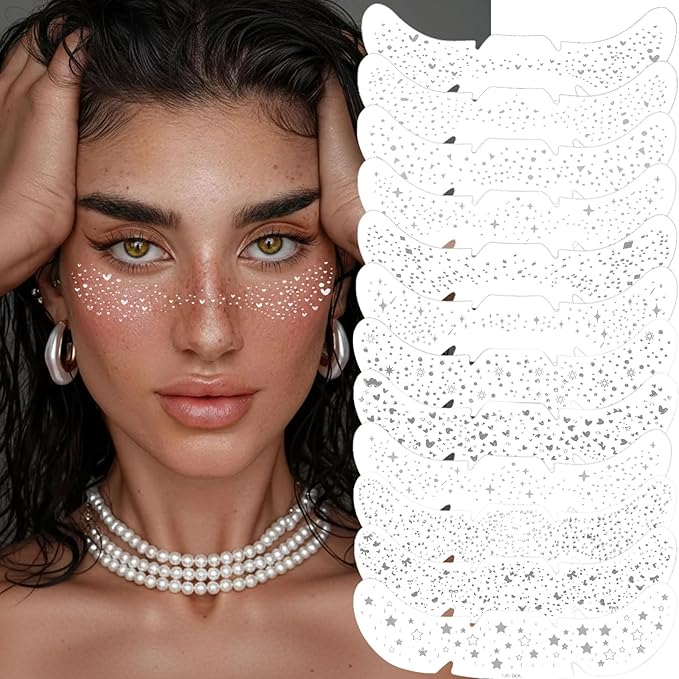 Face Glitter Freckles, 12 Pcs Silver Temporary Face Tattoos Stickers Waterproof Sparkle Face Speckles Makeup Patches Cute Body Temporary Tattoo Rave Accessories for Women Music Festival Accessories