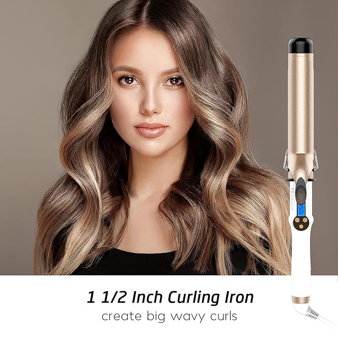 Hoson 1 1/2 Inch Curling Iron Large Barrel, 1.5 Inch Long Barrel Curling Wand Dual Voltage, Ceramic Tourmaline Coating with LCD Display, Glove Include