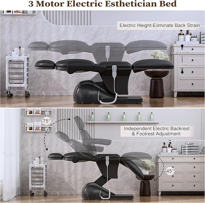 3 Motor Electric Esthetician Bed, Fully Electric Facial Chair with Adjustable Height, Backrest and Footrest, Spa Chair with Armrest & Heavy Duty Base, PU Leather for Spa, Tattoo, Eyelash and So On