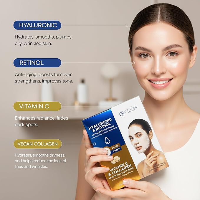 Clear Beauty Hyaluronic & Retinol + Vitamin C Collagen Face Mask Duo – Hydrating, Firming & Revitalizing For Dull Or Aging Skin – Dermatologist Tested, Korean Skin Care, Clean Beauty – 10 Sheets
