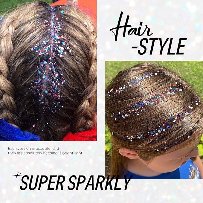 Red White Blue Face Body Hair Glitter Gel, USA Flag Pride 4th of July Patriotic Accessories Face Paint Glitter Makeup, 6 Kinds of Sparkling Sequins for Independence Day Patriotic Veterans Day