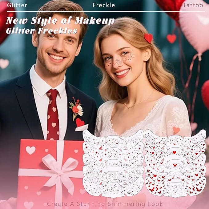 10 Styles Red Glitter Freckles Face Tattoo, Waterproof Sparkle Cute Star Butterfly Face&Body Glitter Speckles Patches for Women, Metallic Temporary Tattoo Accessories Makeup for Rave