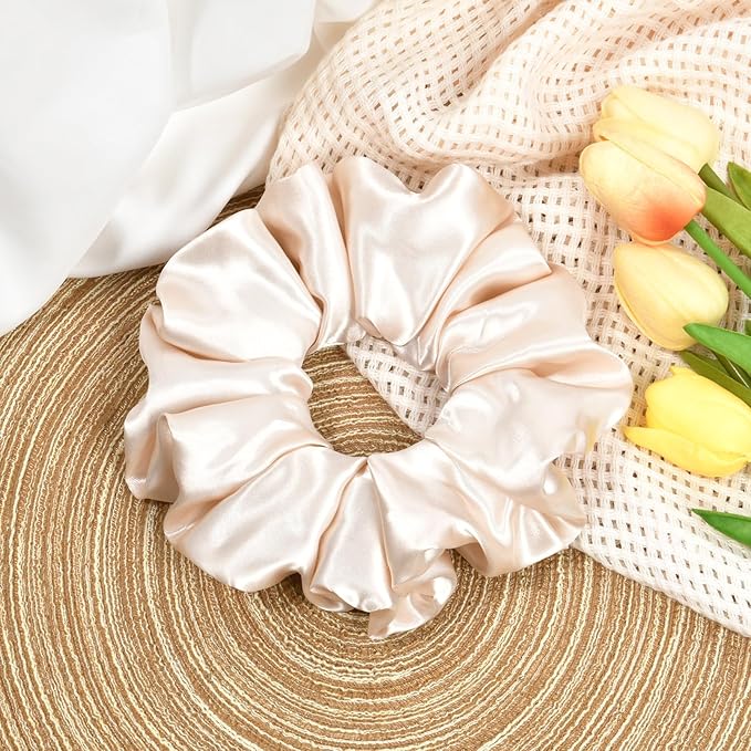 CEELGON Beige Big Satin Scrunchie6.5 Inches Jumbo Scrunchies Silky Hair Ties Oversized Ponytail Holderfor Thick Curly Hair Extra Large Hair Accessories for Women (Beige)