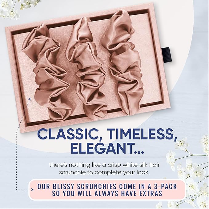 Blissy Silk Scrunchies (3 Pack) - 100% Pure Mulberry Silk - 22 Momme 6A High-Grade Fibers Scrunchie for Straight & Curly Hair - Preventing Breakage, Tangling, & Creasing (Pink Skinny)