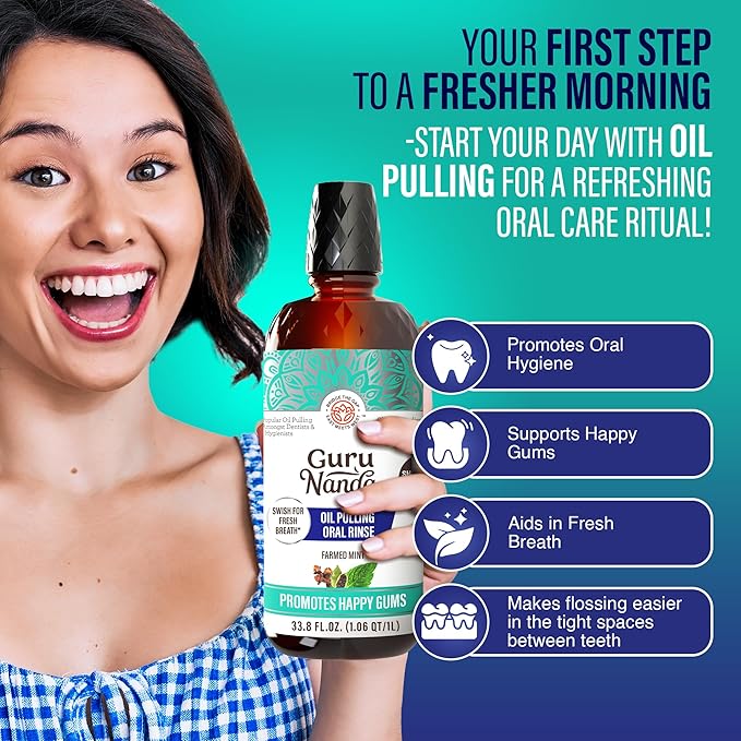 GuruNanda CocoMint Oil Pulling Mouthwash for Complete Oral Hygiene, 7 Essential Oils & Vitamins for Happy Teeth & Gums & Fresh Breath, Alcohol-Free, 33.8 Fl Oz/1L