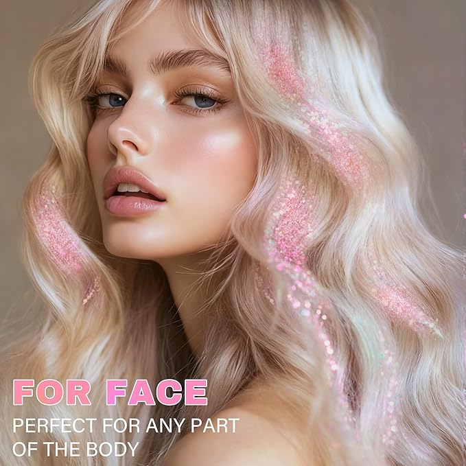 Roll-on Face Body Glitter Gel for Women and Kids, 50ml Large Capacity Holographic Chameleon Color Changing Glitter Gel Shimmer Makeup for Singer Concert Festival Rave Accessories, Holographic Pink