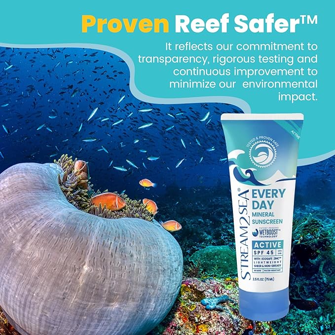 SPF 45 Every Day Active Mineral Sunscreen | 2.5 Fl Oz Biodegradable & Reef Safe Sunscreen for Face & Body | Non-Greasy, Lightweight & Sheer Mineral Protection Against UVA & UVB by Stream2Sea