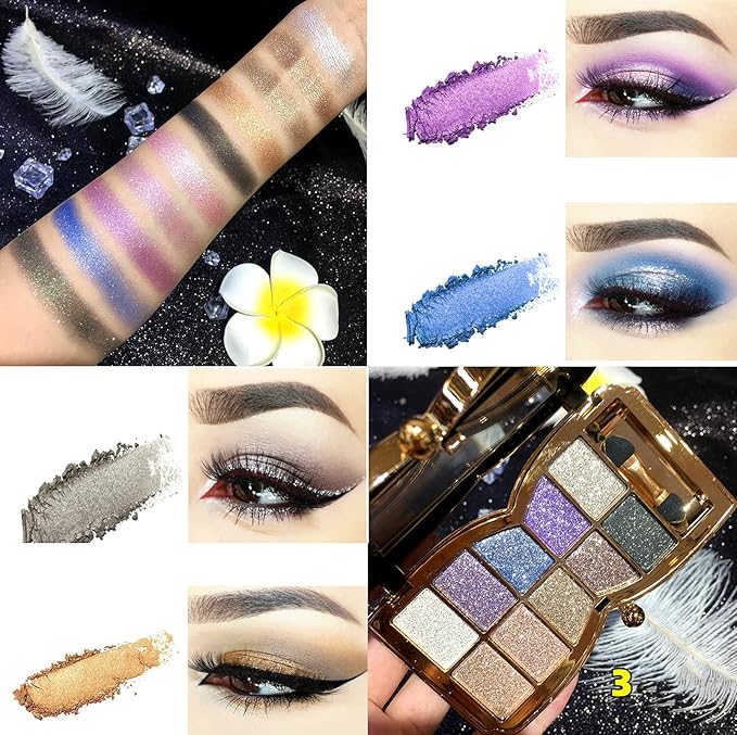 Glitter Eyeshadow Palette, 10 Colors Sparkle Shimmer & Matte Eye Shadow Highly Pigmented Waterproof Long Lasting Makeup Set (Color 3)