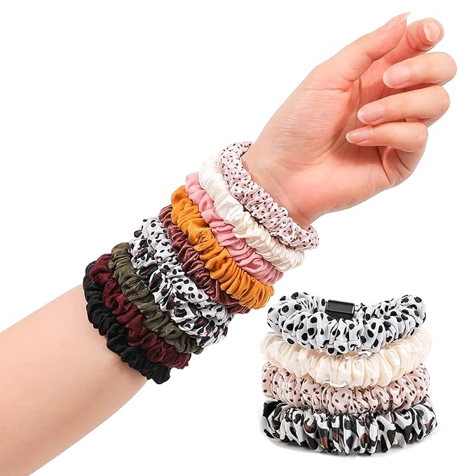 Hair Ties Silk Satin Scrunchies - Small Mini Thin Elestics Ponytail Holder Hair Bands Skinny Scrunchy For Thick Curl Hair No Crease Hair Ties Soft Accessories No Hurt Your Hair for Women and Girls