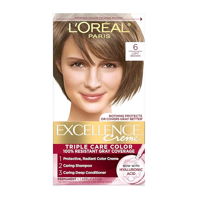 L'Oreal Paris Excellence Crème Permanent Hair Dye, Triple Care Hair Color with Pro-Keratine Complex for 100% Gray Hair Coverage, 6 Light Brown, 1 Kit