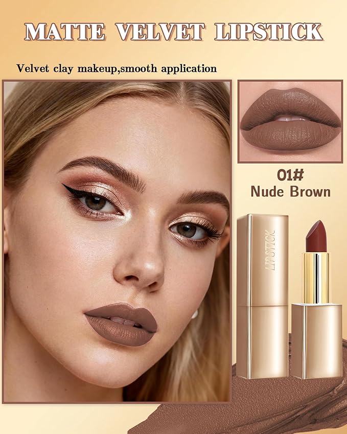 Velvet Matte Lipstick, Nude Brown High Pigmented Lip Tint Stain, Waterproof Long Lasting Cream Lip Gloss, Non-Stick Cup Smooth Tinted Lip Balm, Thanksgiving Lip Professional Makeup Gift for Women-01