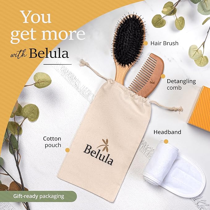 Premium Boar Bristle Hair Brush for Thick Hair Set. Hairbrush for Women With Thick, Long or Curly Hair. Restores Hair's Shine and Health. Comb, Travel Bag & Spa Headband Included