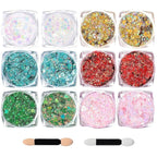 Body Glitter Face Glitter, Hair Glitter for Kids, 12 Shapes Fine Chunky Glitter Gel for Women Girls Makeup Sparkles Party Mermaid Sequins Rave Accessories Festival (White-Gold-Pink-Blue-Green-Red)