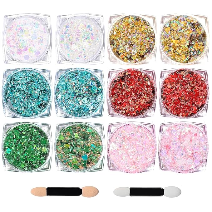 Body Glitter Face Glitter, Hair Glitter for Kids, 12 Shapes Fine Chunky Glitter Gel for Women Girls Makeup Sparkles Party Mermaid Sequins Rave Accessories Festival (White-Gold-Pink-Blue-Green-Red)