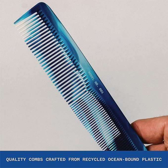 WAVEY Quality Hair Comb for Men and Women, Recycled Ocean Plastic, 7 Inches length perfect for home and travel, Wide and Fine Tooth for thick, thin, wavy, straight and curly hair styling - BLUE