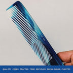 WAVEY Quality Hair Comb for Men and Women, Recycled Ocean Plastic, 7 Inches length perfect for home and travel, Wide and Fine Tooth for thick, thin, wavy, straight and curly hair styling - BLUE