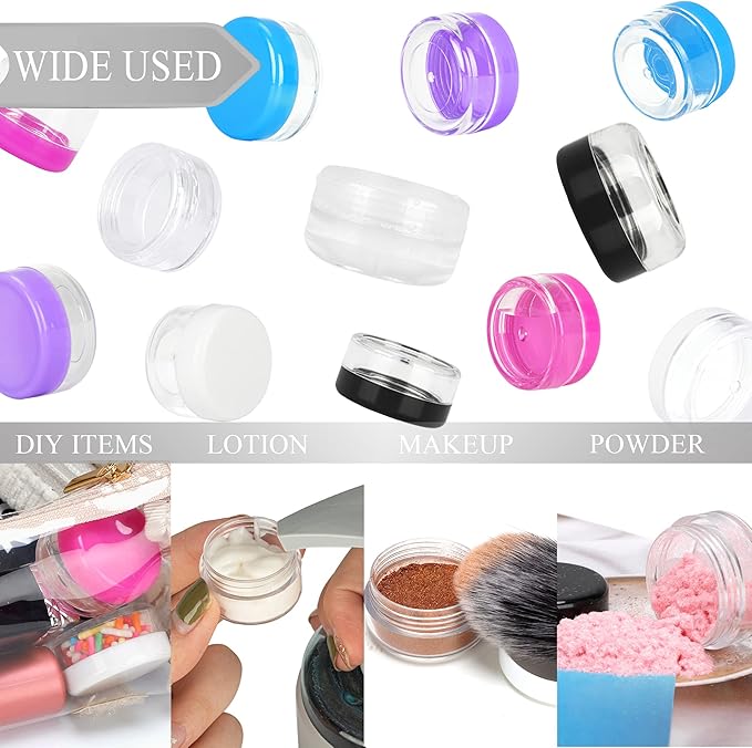 200PCS 5 Gram Sample Containers, 5ml Empty Jars with Lids, Small Cosmetic Containers, Mini Sample Jars with 16PCS Mini Spatulas for Make Up, Oils, Lotion, Powder, Paint, Jewelry, Lip Balms(Purple Lid)