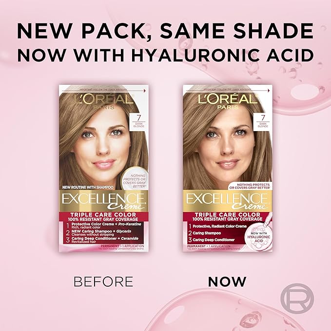 L'Oreal Paris Excellence Crème Permanent Hair Dye, Triple Care Hair Color with Pro-Keratine Complex for 100% Gray Hair Coverage, 7 Dark Blonde, 1 Kit