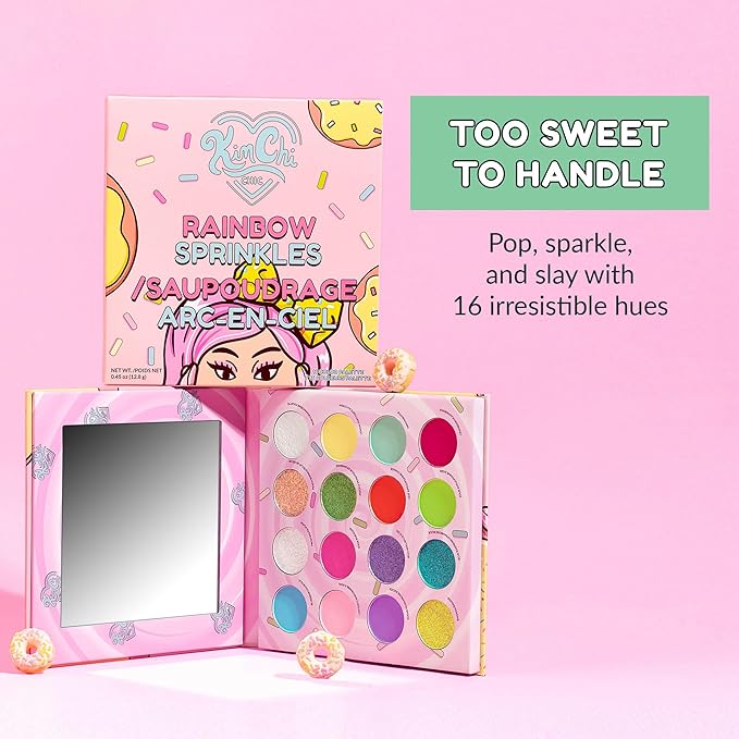 Kimchi Chic Donut Collection Eyeshadow Palette - 16 Matte, Pigment, & Glitter Shadows, Versatile for Day to Night Looks, Cruelty Free, Rainbow Sprinkles