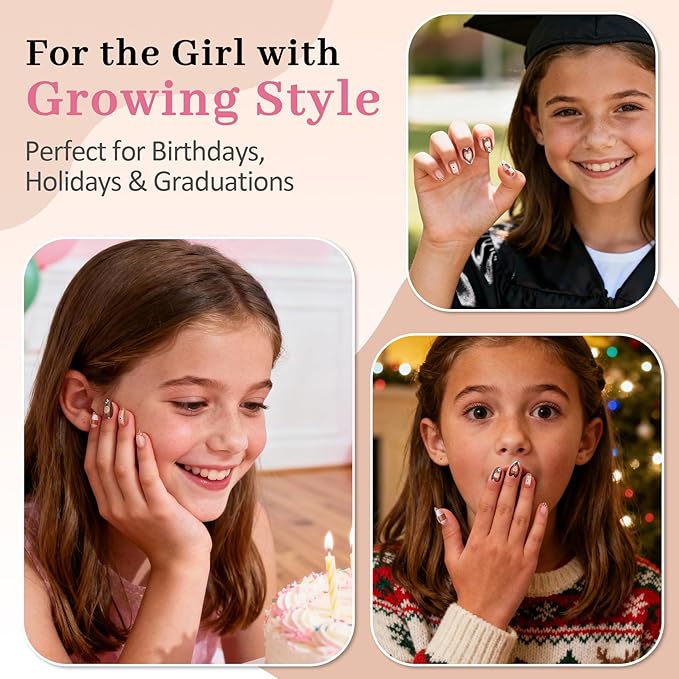 16 Sizes Press on Nails Kit for Kids - 32 Pieces French Almond Fake Nail Tips for Girls 8-12 Years Old with Jelly Nail Adhesives & No-Lamp Nail Glue, Birthday Christmas Gifts (Cozy Autumn)