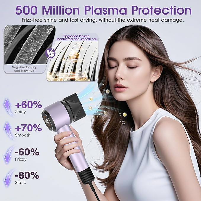Ionic Hair Dryer with Auto-Adjusting Sensor,AI Hair Dryer with Magnetic Diffuser,100000 RPM High-Speed Hair Blow Dryer for Fast Drying,Compact Blow Dryer with 500M Plasma,Hair Dryers for Women(Purple)