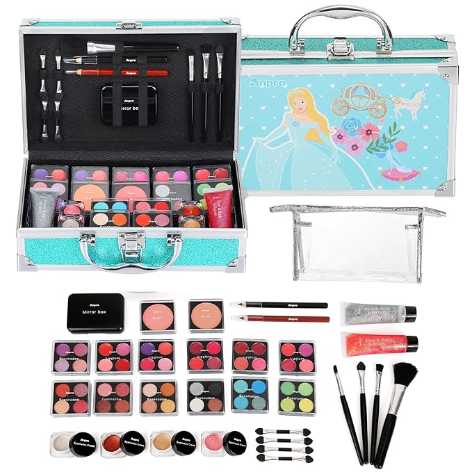 Anpro All-In-One Makeup Kit for Girls 10-12 with Case, Pro Teen Makeup Set, Tween Makeup Kit for Teens Women, Full Starter Make Up Kit with Brushes, Lipstick, Eye Shadows Palette, Blushes, Glitter Gel