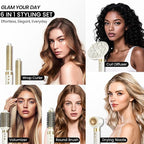 GLAMUP® Dual Voltage 6 in 1 Hot Air Styler, Upgraded Long Barrel, Diffuser, Round Brush, Powerful High Speed Dryer, Tight Grip, Curling Volumizing Gift Set with Bag, Travel Friendly