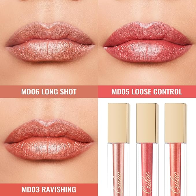 Oulac Metallic Shine Liquid Lipstick Set for Women, Dual Use for Lips & Eyeshadow, Long Lasting Lip Gloss, Metallic Matte High Impact Lip Color No Transfer Vegan Formula, 4.5ml, MD03+05+06
