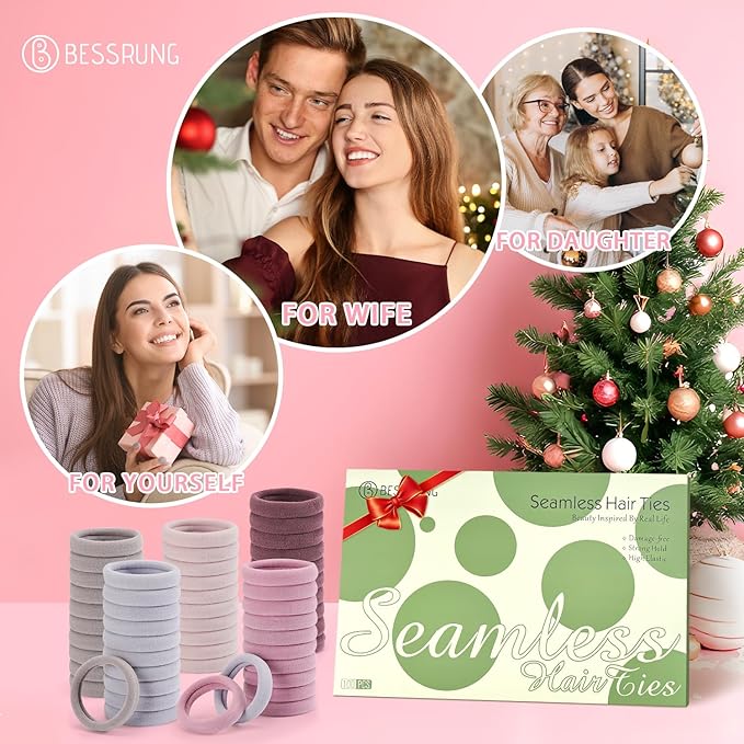 Bessrung 100 Pcs Thick Seamless Hair Ties, Ponytail Holders, Pink, No Damage for Thick Hair, Valentine's Day Christmas Gift