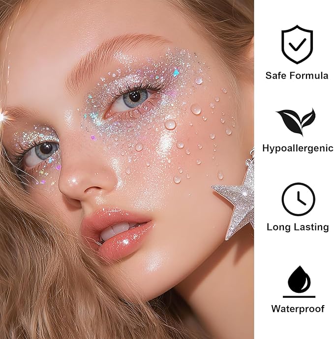Face Body Glitter Set for Women and Kids, White Silver Gold Holographic Mermaid Sequins Chunky Glitter Makeup for Music Festival Rave Accessories, Running, Wedding, Prom, Carnivals
