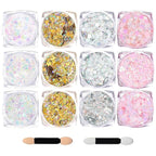 Body Glitter Face Glitter, Hair Glitter for Kids, 12 Shapes Fine Chunky Glitter Gel for Women Girls Makeup Sparkles Party Mermaid Sequins Rave Accessories Singer Concerts (White-Gold-Sliver-Pink)